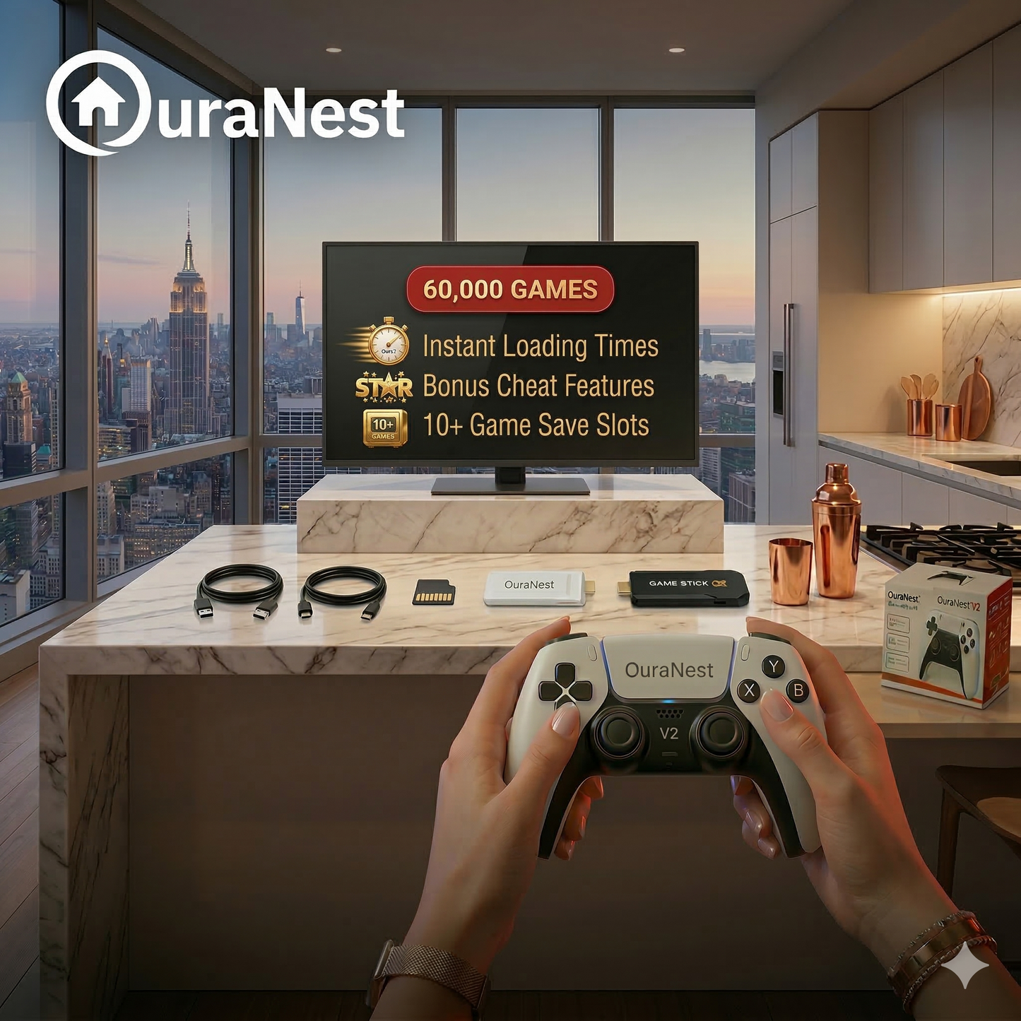 OURANEST™  - RETRO DOCK V2                   [ 60,000+ NOSTALGIC GAMES + 2 FREE CONTROLLERS ]